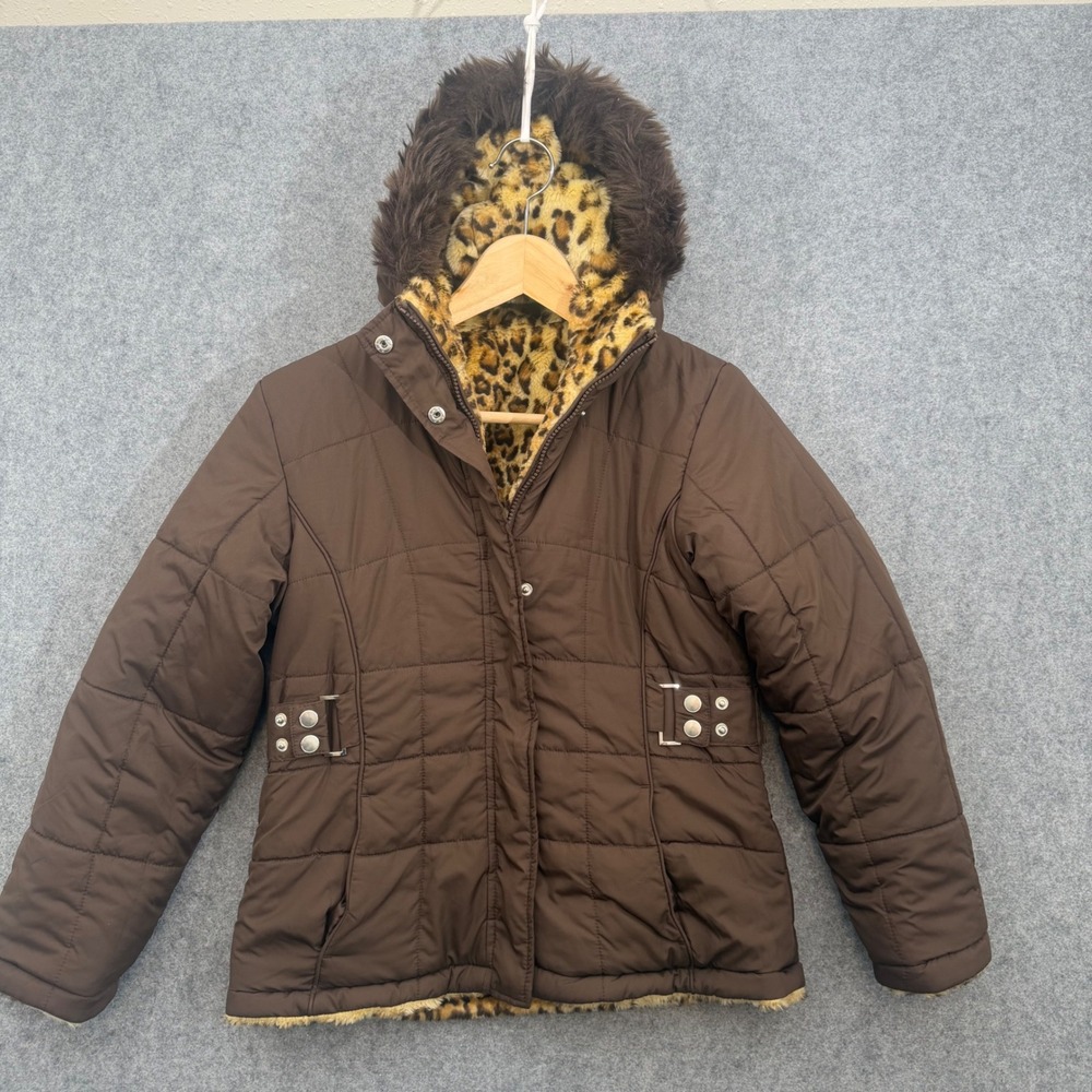 Arizona Jean Company Reversible Puffer Jacket Brown Leopard Faux Fur Hood L 14